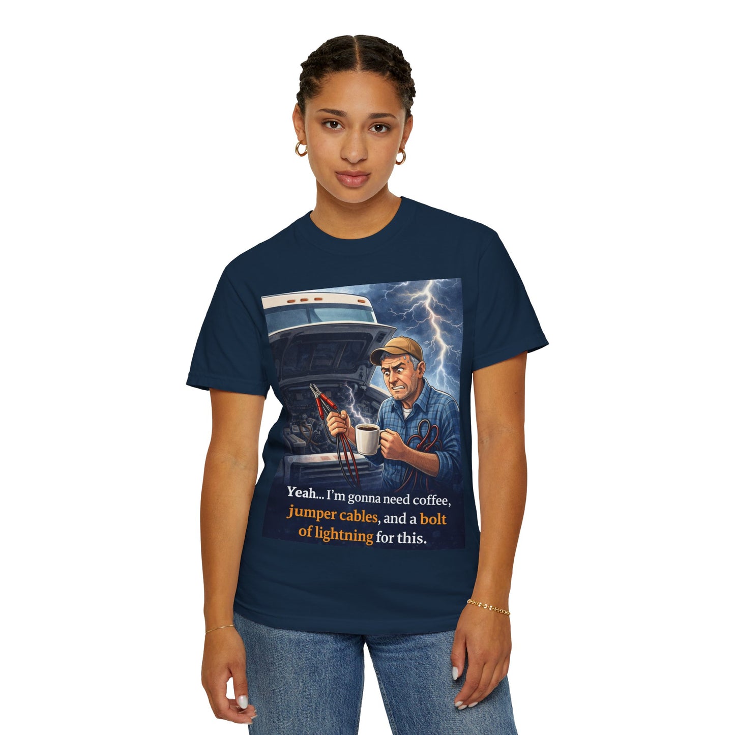 Mechanic Coffee & Jumper Cables T-Shirt — Vintage Roadside Humor Tee