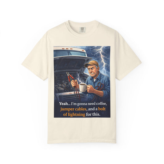 Mechanic Coffee & Jumper Cables T-Shirt — Vintage Roadside Humor Tee